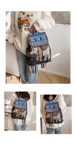 Detailed views of ethnic elephant embroidery and woven jacquard pattern on backpack