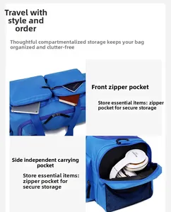 Détail du sac de voyage bleu avec poches zippées avant et compartiment latéral séparé