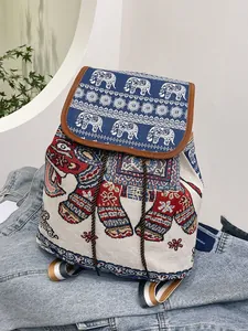 Zaino da Donna in Tela con Motivo a Elefante Etnico Ricamo Jacquard Bohémien con Coulisse Zainetto da Viaggio Casual alla Moda