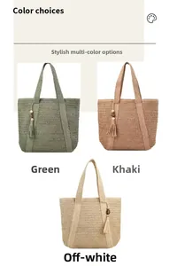 Detail of straw woven crescent bag with wood bead tassels in three stylish color options