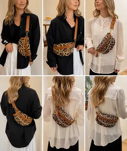 Collage of leopard print sling bag styles showing crossbody and chest carry options
