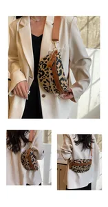 Detailed view of leopard print crossbody bag with brown leather trim and golden chain