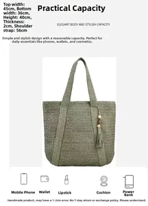 Detailed size chart of large green straw woven tote bag with fringe and dimensions