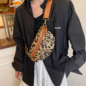 Vintage Leopard Print Waist Bag For Women Fashion Chest Bag With Gold Metal Chain And Adjustable Wide Shoulder Strap PU Leather