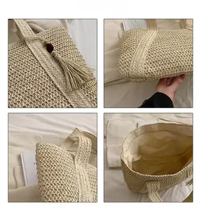 Detail shots of straw tote bag with tassel, wooden beads, and zippered fabric lining