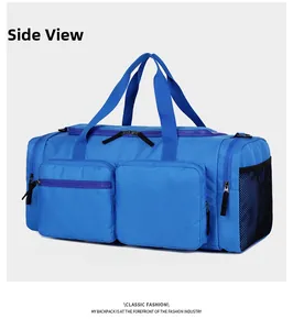 Vue latérale du sac de sport bleu foncé avec poches en filet et compartiments frontaux