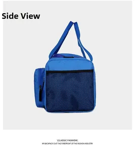 Vue latérale du sac de voyage bleu avec poche en filet et tissu en nylon résistant