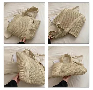 Detailed four-angle views of a beige straw woven tote bag with fringe tassel charm