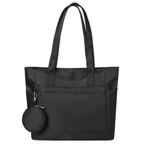 Borsa tote minimalista in nylon nero da donna con grande capacità e piccolo portamonete tondo
