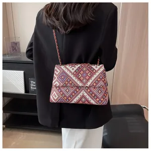 Detailed view of bohemian woven bag featuring ethnic geometric patterns and gold chain strap