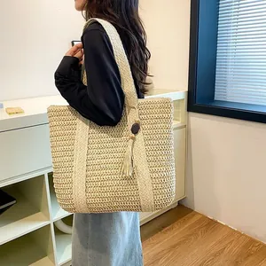 Women Bohemian Straw Woven Tote Bag Large Capacity Beach Vacation Shoulder Bag With Tassel Wood Bead Decor Hollow Handbag