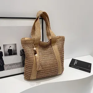 Bohemian large capacity straw woven crescent tote bag with tassel and wooden beads