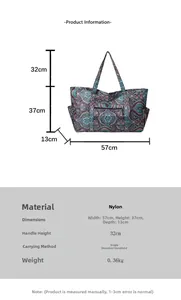 Gedetailleerde maattabel voor paisley nylon tas met 57 cm breedte en 37 cm hoogte