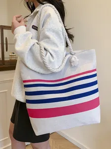Borsa Tote in Tela a Righe di Grande Capacità da Donna Con Manici in Corda di Cotone Spessa Borsa a Spalla Casual da Spiaggia per Vacanze