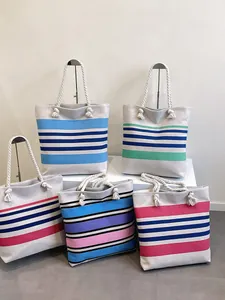Grande borsa tote in tela a righe con manici in corda di cotone per donna colori assortiti