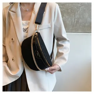 Détail du sac de poitrine noir motif crocodile avec chaîne dorée et sangle