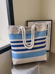 Borsa tote in tela a righe blu con manici in corda di cotone per spiaggia e tempo libero