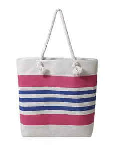 Borsa tote minimalista in tela a righe con robusti manici in corda di canapa