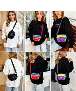 Detail view showing three colorful nylon crossbody bags with adjustable straps and compartments