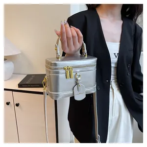 Vista dettagliata di una borsa a scatola argento vintage con hardware dorato e tracolla sottile