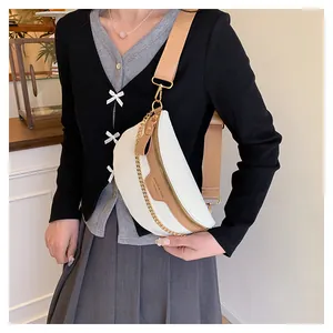 Détail du sac bandoulière blanc effet crocodile avec chaîne dorée et large bandoulière