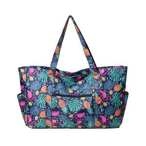 Bolso tote grande de nailon con estampado floral tropical de flamencos y piñas
