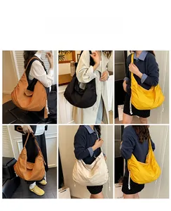 Detailed views of multi-color large nylon hobo bags shown on models for commuting style