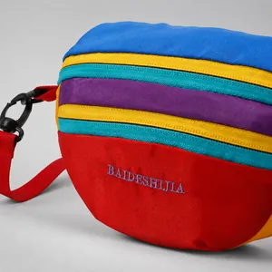 Close-up of multicolor nylon crossbody bag showing three-layer zipper and embroidery