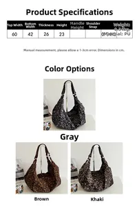 Size chart showing large leopard print tote bag dimensions in gray, brown, and khaki PU leather