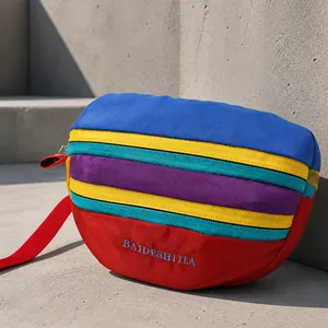 Close-up of multicolor nylon waist bag showing texture and high-quality zipper detail