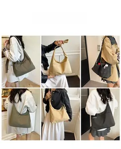 Trois sacs cabas en nylon à poches multiples en vert olive, beige et noir sur modèle