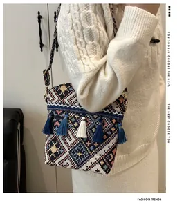 Dettaglio della borsa a secchiello boho con motivi jacquard e nappe blu decorative