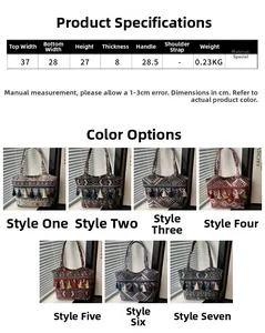 Guía de tallas de bolso tote étnico con 7 opciones de diseño y detalles de peso