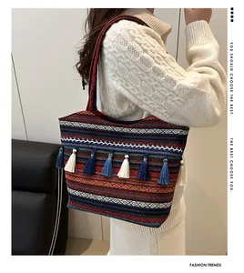 Dettaglio della borsa boho con motivi jacquard geometrici e nappe blu decorative