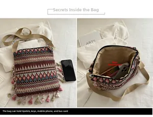 Internal view of bohemian geometric jacquard crossbody bag with colorful tassels