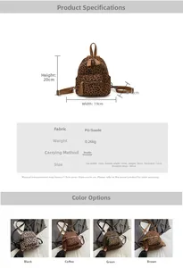 Detailed dimension guide for leopard print mini backpack showing size and strap length