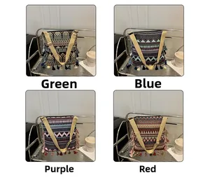 Detailed grid view of ethnic geometric jacquard crossbody bags with colorful tassels