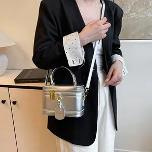 Borsa a scatola argento con cerniere dorate e tracolla rimovibile in stile minimalista