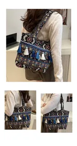 Dettaglio della borsa etnica con motivi geometrici e nappe blu e bianche alla moda