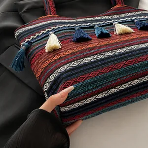 Close-up of geometric jacquard fabric and colorful tassels on an ethnic tote bag
