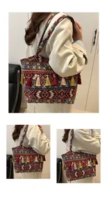 Dettaglio della borsa tote etnica intrecciata con motivi geometrici e nappe colorate