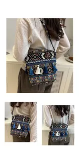 Dettaglio della borsa a secchiello boho con motivi geometrici e nappine con frange