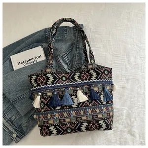 Dettaglio della borsa tote intrecciata boho con motivi geometrici colorati e nappe blu
