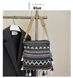 Close-up of blue bohemian crossbody bag with geometric patterns and layered tassels