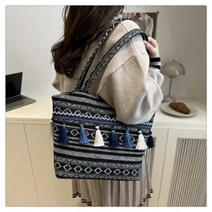 Dettaglio borsa tote jacquard bohémien con motivi geometrici e nappe colorate vivaci