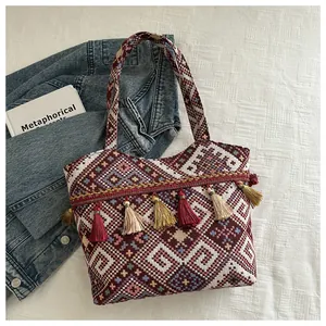 Dettaglio della borsa tote boho intrecciata con motivi geometrici e nappe colorate vivaci
