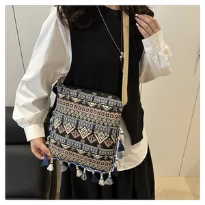 Detailed view of bohemian crossbody bag featuring geometric jacquard patterns and tassels