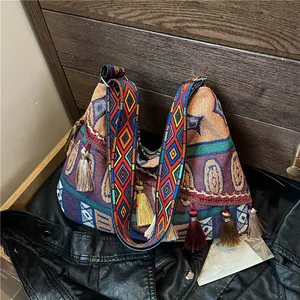 Borsa a Spalla Intrecciata in Stile Etnico Bohémien Con Nappe Motivo Geometrico Borsa Tote a Grande Capacità Per Donna Viaggio