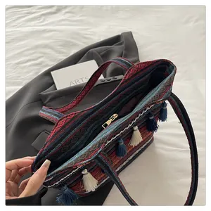 Dettaglio della borsa tote jacquard boho con nappine e cerniera in metallo lucido