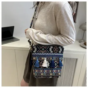 Dettaglio della trama jacquard geometrica e nappe blu sulla borsa a secchiello
